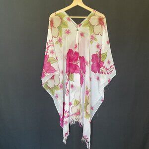 Floral Print Sheer Poncho Kimono Cover-Up With Pink & Green Hibiscus Design